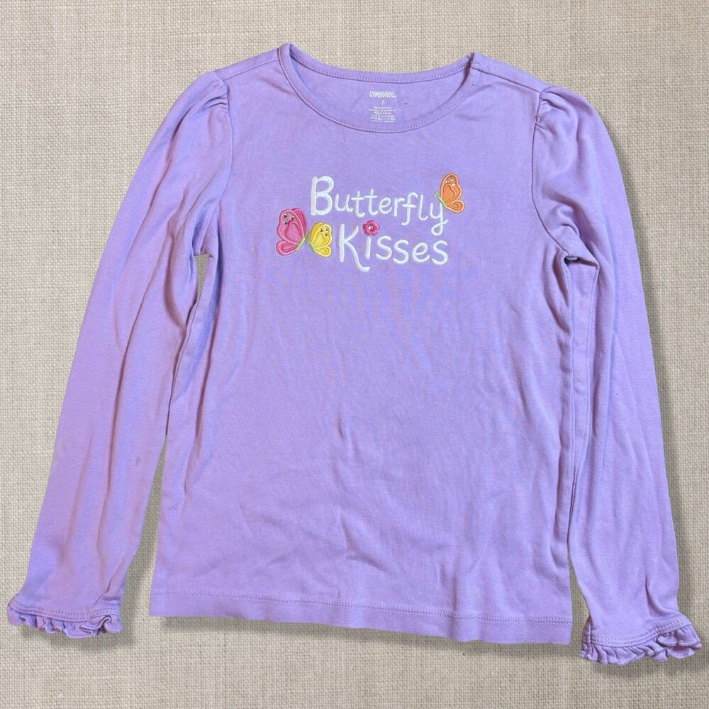Gymboree Girls Size 7 Purple Butterfly Kisses Long Sleeve Ruffle Shirt